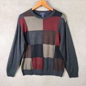 Dockers Sweater Mens XL Gray Red Brown Checkered Crew Neck Pullover Acrylic‎